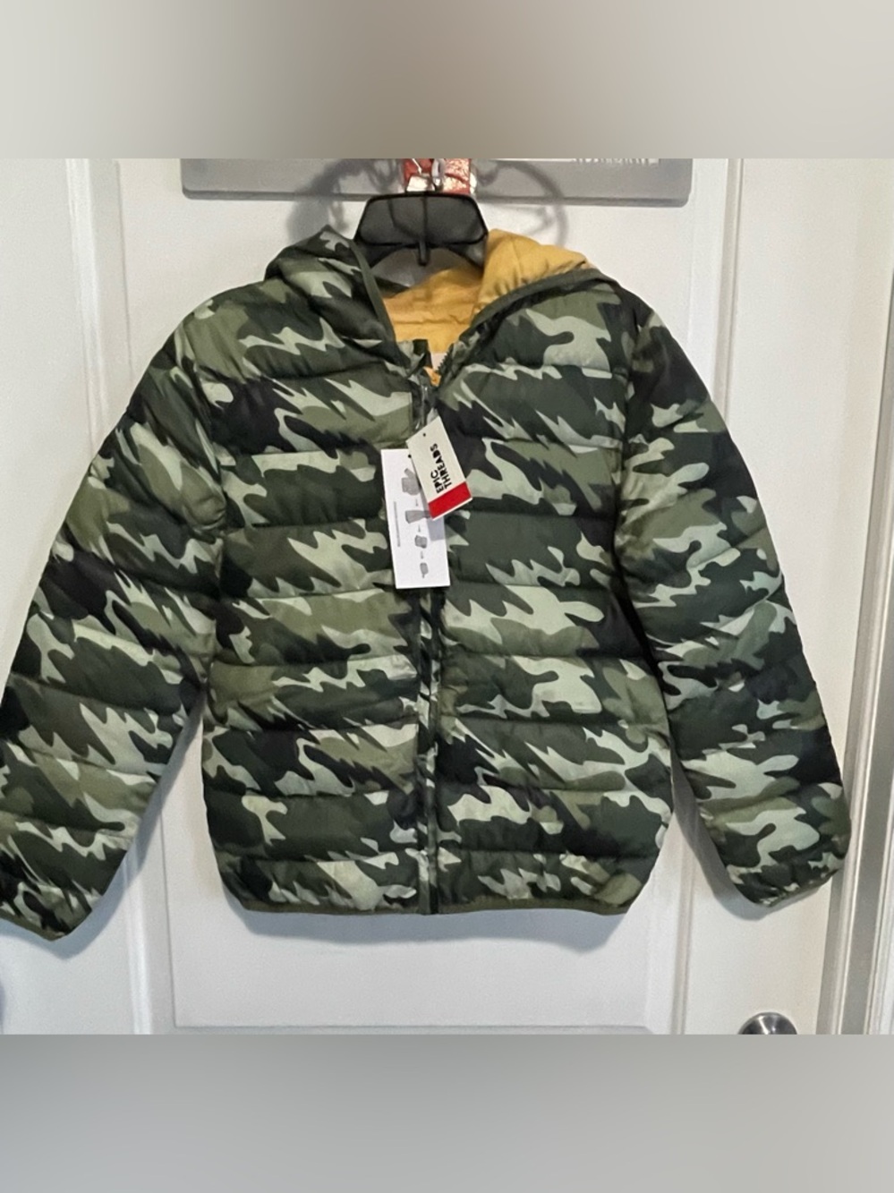 Epic Threads Camouflage Puffer Jacket with Yellow Lining